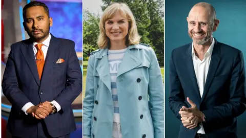 BBC/Getty Amol Rajan, Fiona Bruce, Evan Davis